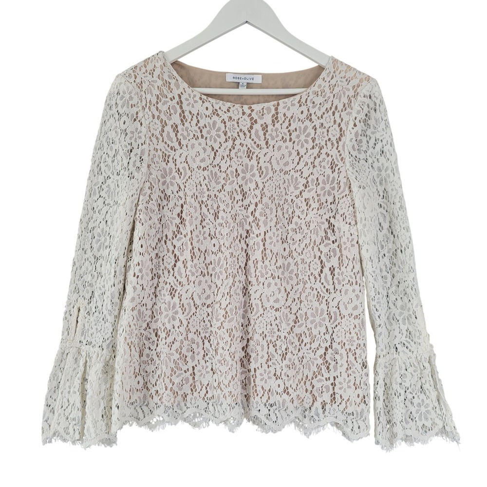 Rose + Olive Lace Blouse Women Size S Ivory Bell Sleeve Romantic Coquette